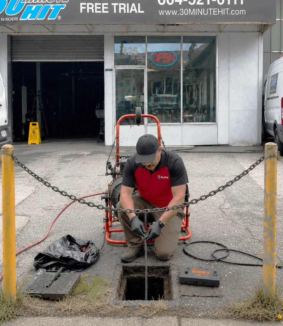 BlueTap technician cleaning a drain